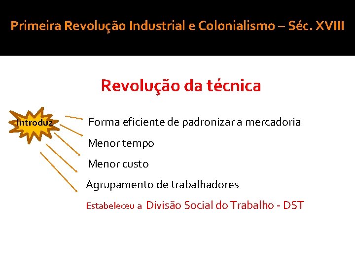 Primeira Revolução Industrial e Colonialismo – Séc. XVIII Revolução da técnica Introduz Forma eficiente