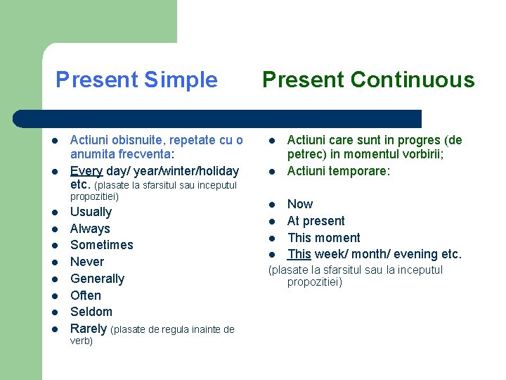 Present Simple l l Actiuni obisnuite, repetate cu o anumita frecventa: Every day/ year/winter/holiday