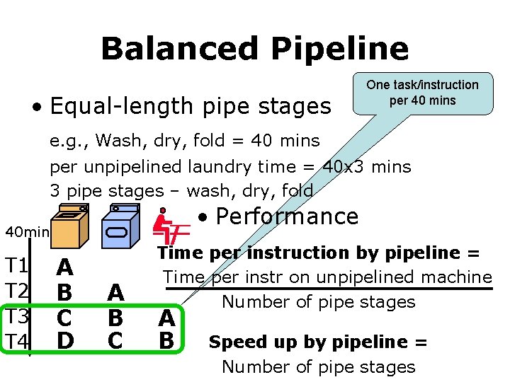 Balanced Pipeline • Equal-length pipe stages One task/instruction per 40 mins e. g. ,