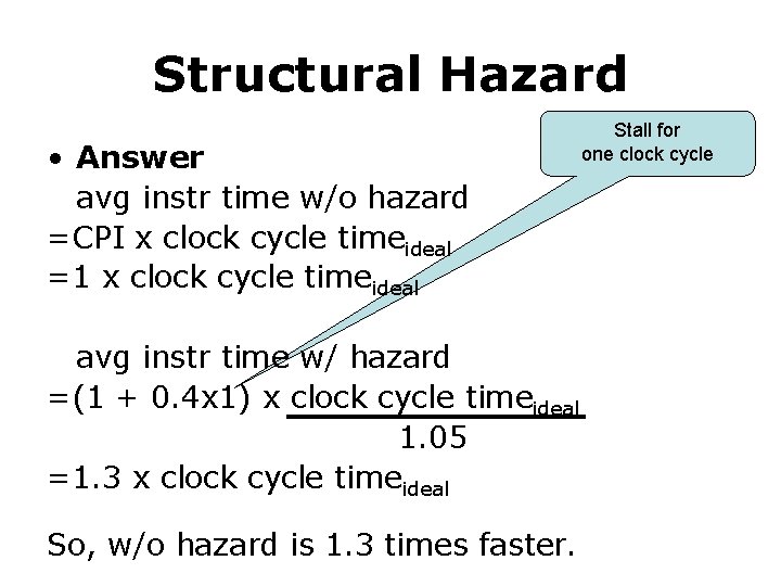 Structural Hazard • Answer avg instr time w/o hazard =CPI x clock cycle timeideal
