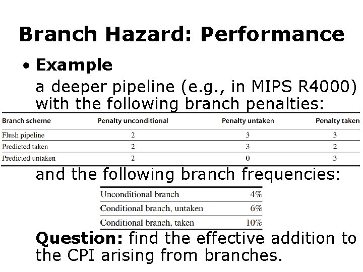 Branch Hazard: Performance • Example a deeper pipeline (e. g. , in MIPS R