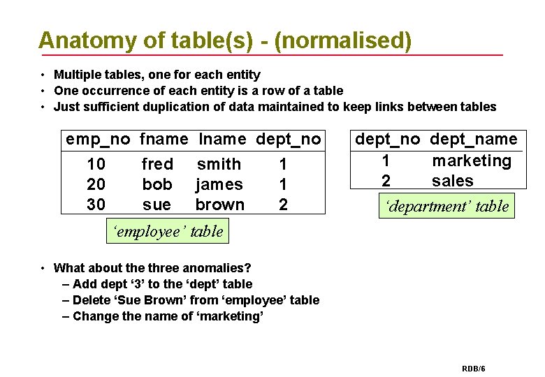Anatomy of table(s) - (normalised) • Multiple tables, one for each entity • One