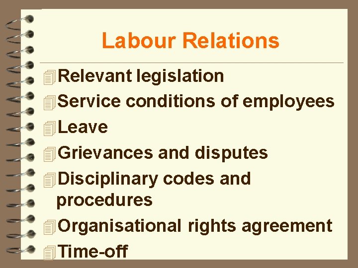 Labour Relations 4 Relevant legislation 4 Service conditions of employees 4 Leave 4 Grievances