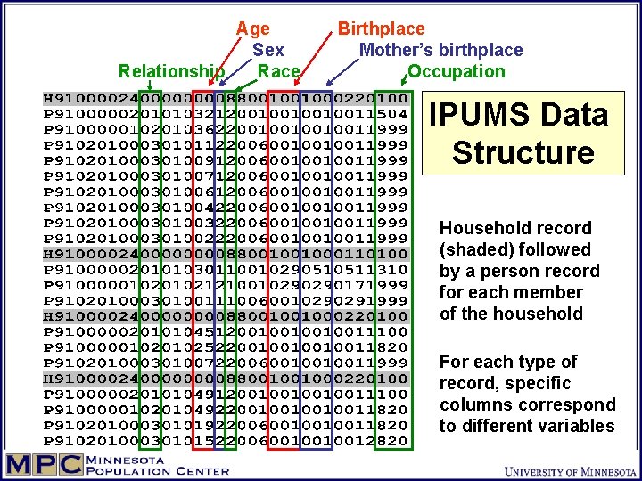 Age Sex Relationship Race Birthplace Mother’s birthplace Occupation IPUMS Data Structure Household record (shaded)