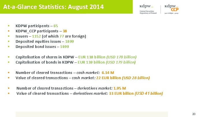 At-a-Glance Statistics: August 2014 § § § KDPW participants – 65 KDPW_CCP participants –