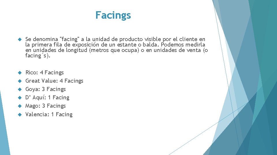 Facings Se denomina "facing" a la unidad de producto visible por el cliente en