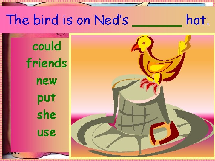 The bird is on Ned’s ______ hat. could friends new put she use Anne