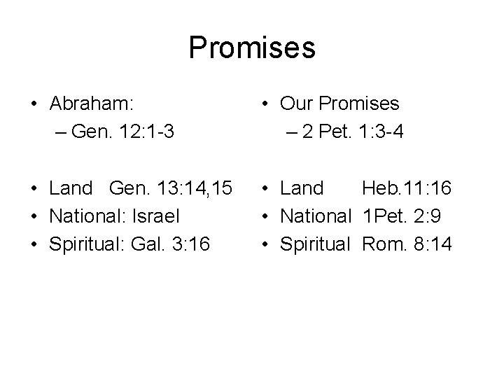 Promises • Abraham: – Gen. 12: 1 -3 • Our Promises – 2 Pet.