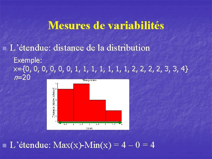 Mesures de variabilités n L’étendue: distance de la distribution Exemple: x={0, 0, 0, 1,