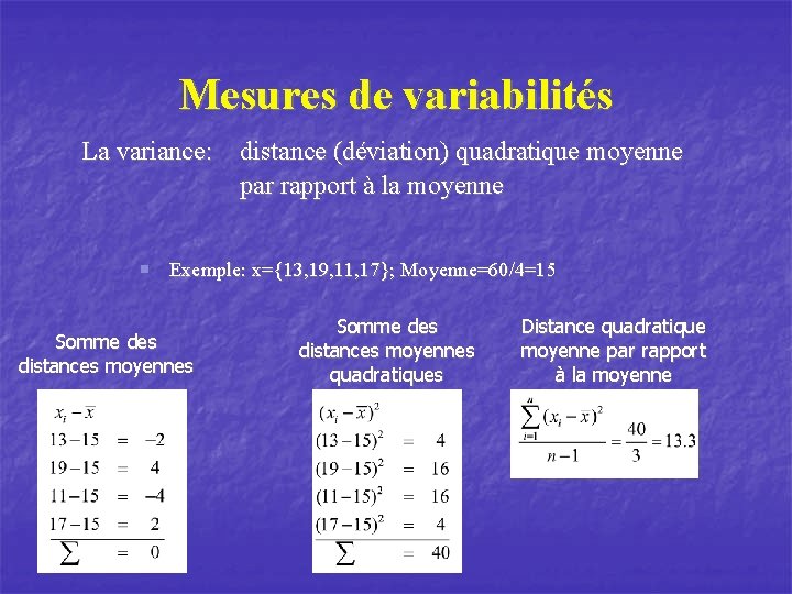 Mesures de variabilités La variance: distance (déviation) quadratique moyenne par rapport à la moyenne