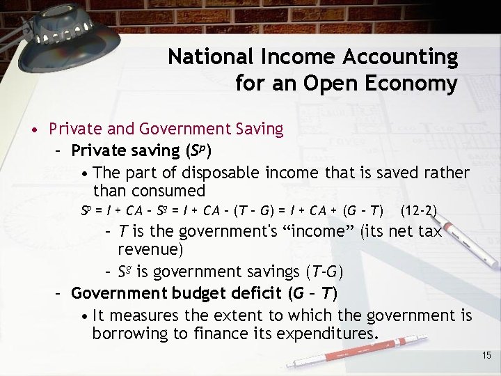 National Income Accounting for an Open Economy • Private and Government Saving – Private