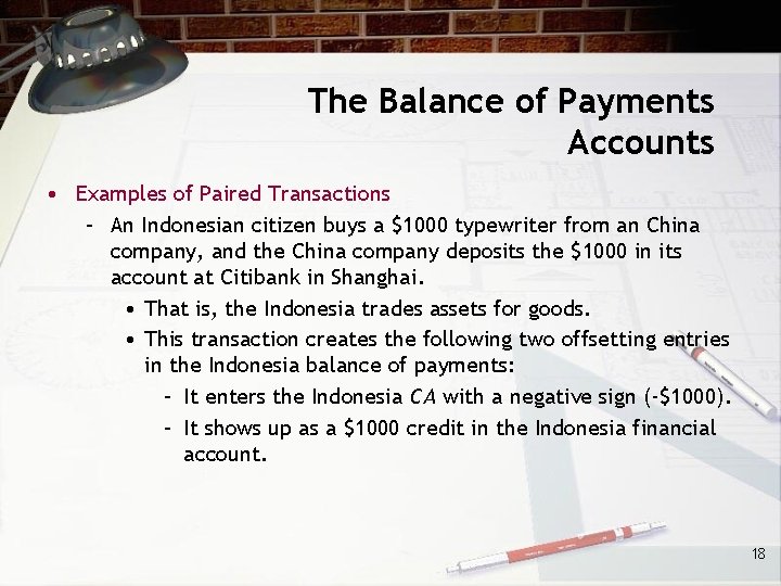 The Balance of Payments Accounts • Examples of Paired Transactions – An Indonesian citizen