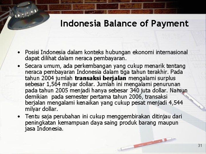 Indonesia Balance of Payment • Posisi Indonesia dalam konteks hubungan ekonomi internasional dapat dilihat