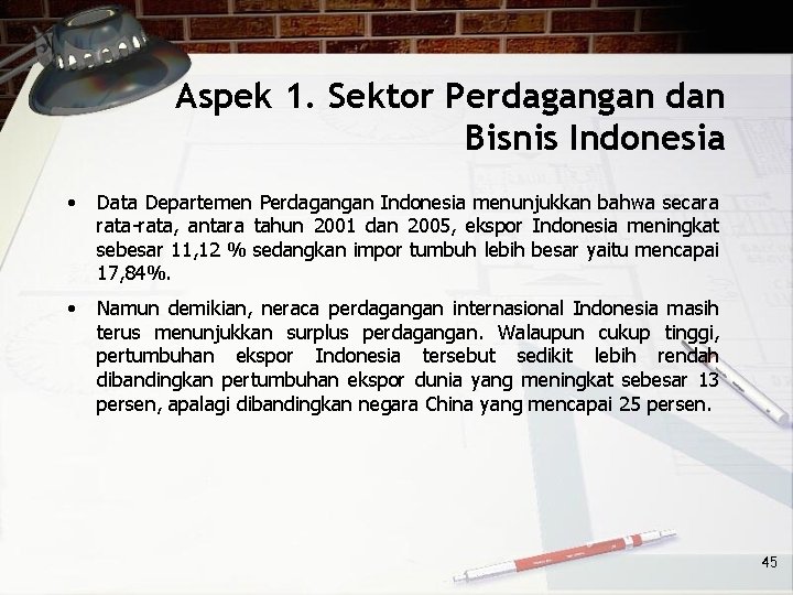 Aspek 1. Sektor Perdagangan dan Bisnis Indonesia • Data Departemen Perdagangan Indonesia menunjukkan bahwa