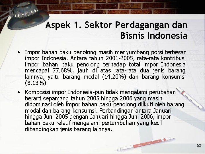 Aspek 1. Sektor Perdagangan dan Bisnis Indonesia • Impor bahan baku penolong masih menyumbang