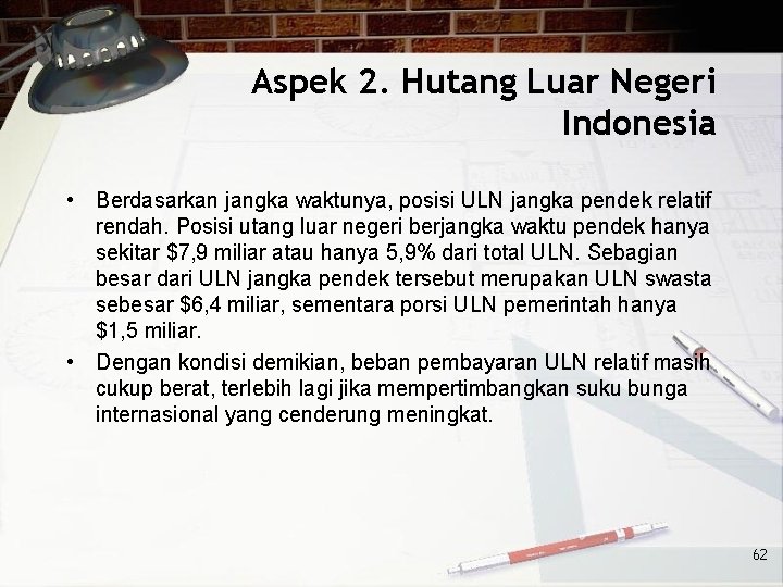 Aspek 2. Hutang Luar Negeri Indonesia • Berdasarkan jangka waktunya, posisi ULN jangka pendek