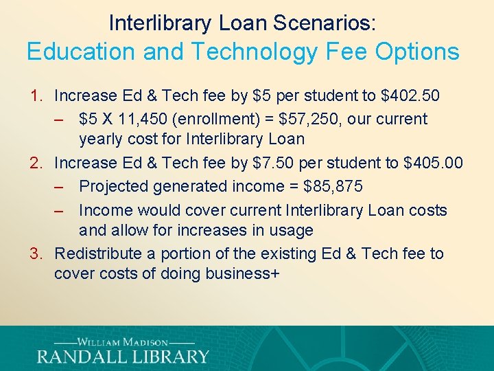 Interlibrary Loan Scenarios: Education and Technology Fee Options 1. Increase Ed & Tech fee