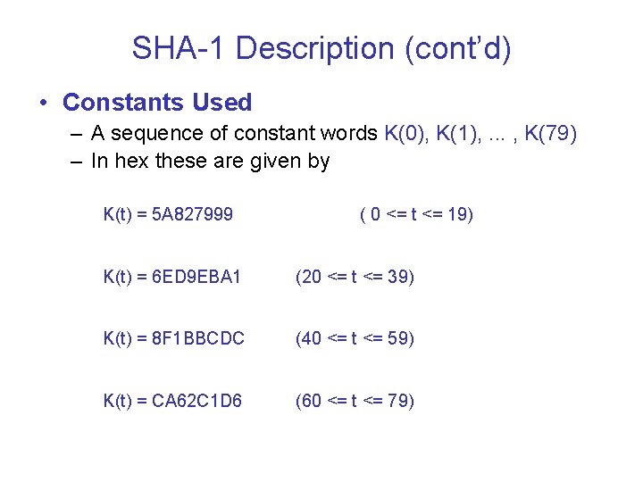 SHA-1 Description (cont’d) • Constants Used – A sequence of constant words K(0), K(1),