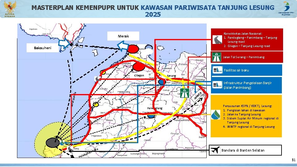 Merak Bakauheni Laut Konektivitas Jalan Nasional: 1. Pandeglang – Panimbang – Tanjung Lesung road Merak Bakauheni Laut Konektivitas Jalan Nasional: 1. Pandeglang – Panimbang – Tanjung Lesung road