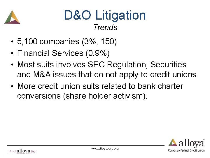 D&O Litigation Trends • 5, 100 companies (3%, 150) • Financial Services (0. 9%)
