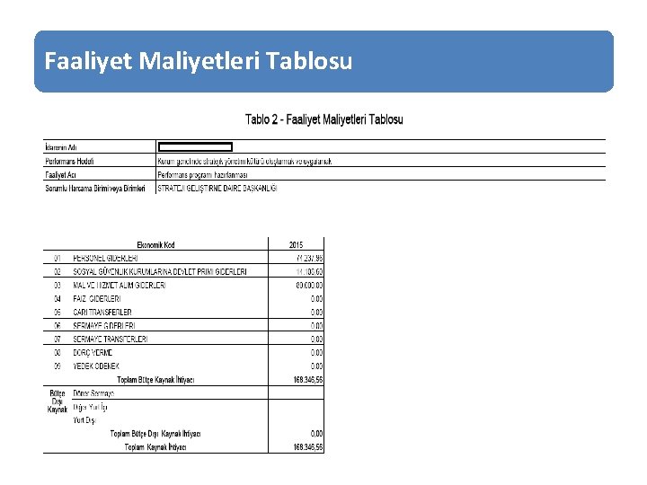 Faaliyet Maliyetleri Tablosu 