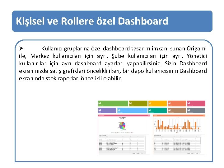 Kişisel ve Rollere özel Dashboard Ø Kullanıcı gruplarına özel dashboard tasarım imkanı sunan Origami