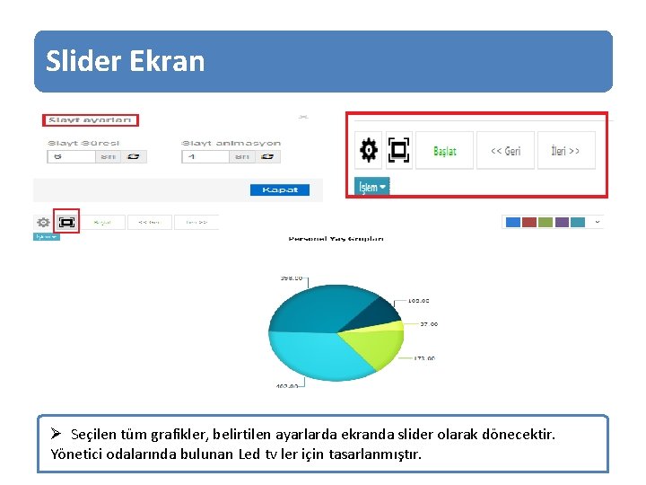 Slider Ekran Ø Seçilen tüm grafikler, belirtilen ayarlarda ekranda slider olarak dönecektir. Yönetici odalarında