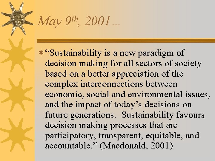 May th 9 , 2001… ¬“Sustainability is a new paradigm of decision making for