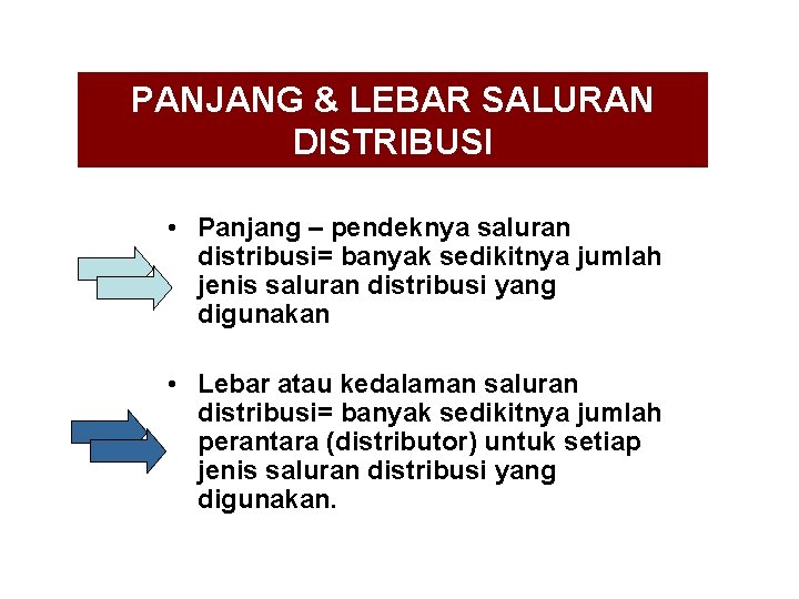 PANJANG & LEBAR SALURAN DISTRIBUSI • Panjang – pendeknya saluran distribusi= banyak sedikitnya jumlah