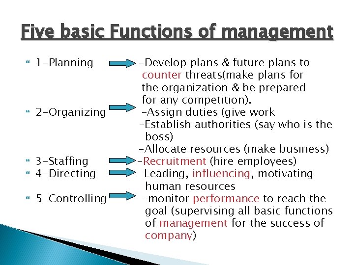 Five basic Functions of management 1 -Planning 2 -Organizing 3 -Staffing 4 -Directing 5