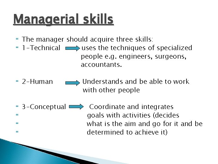 Managerial skills The manager should acquire three skills: 1 -Technical uses the techniques of