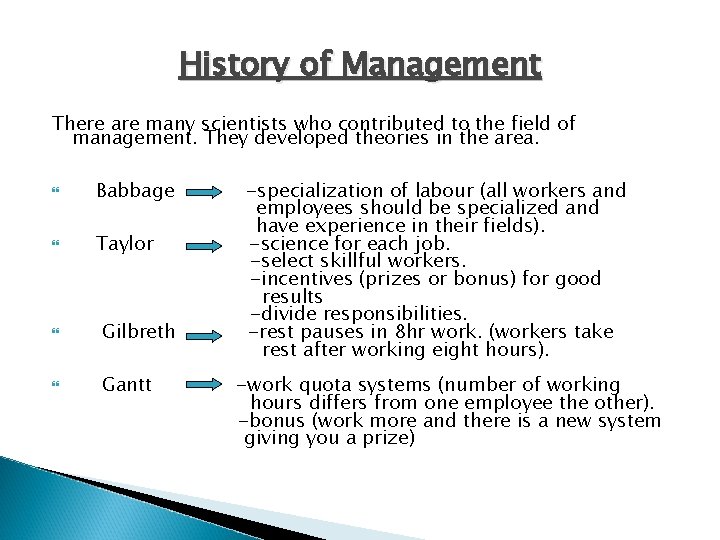 History of Management There are many scientists who contributed to the field of management.