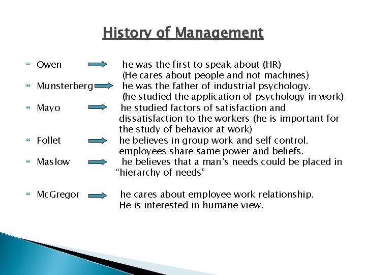 History of Management Owen Munsterberg Mayo Follet Maslow Mc. Gregor he was the first