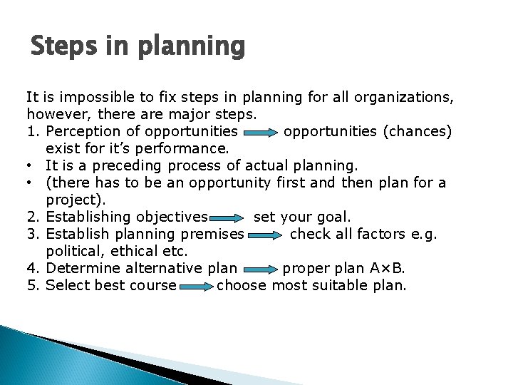 Steps in planning It is impossible to fix steps in planning for all organizations,