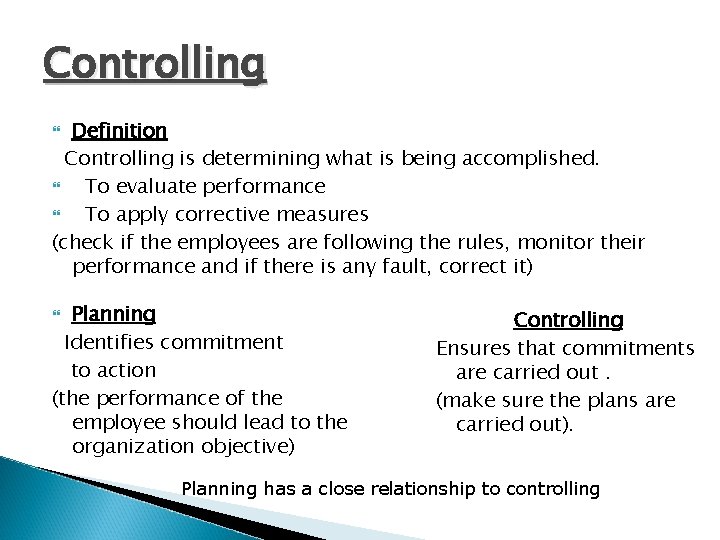Controlling Definition Controlling is determining what is being accomplished. To evaluate performance To apply Controlling Definition Controlling is determining what is being accomplished. To evaluate performance To apply