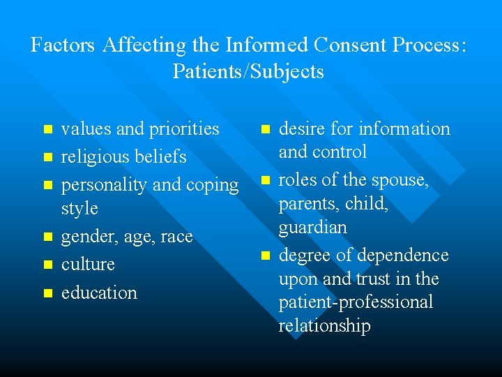 Factors Affecting the Informed Consent Process: Patients/Subjects n n n values and priorities religious