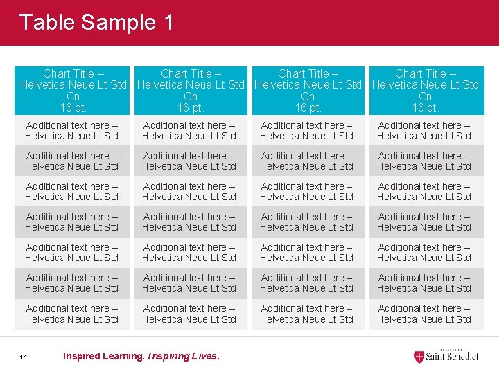 Table Sample 1 Chart Title – Helvetica Neue Lt Std Cn Cn 16 pt.