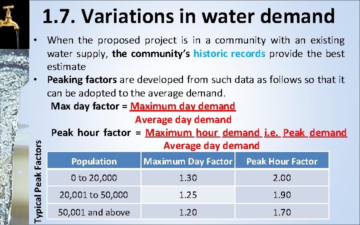 1. 7. Variations in water demand Typical Peak Factors • When the proposed project