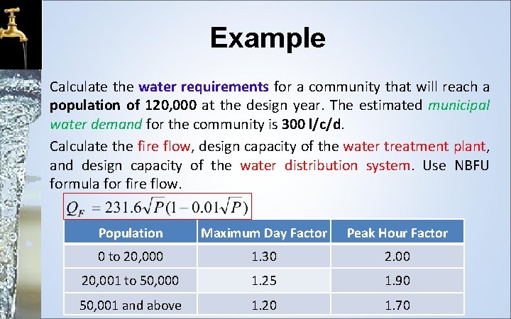 Example Calculate the water requirements for a community that will reach a population of