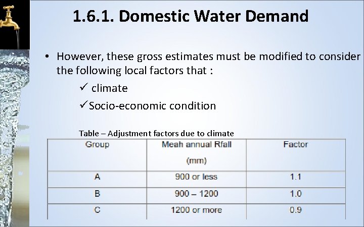 1. 6. 1. Domestic Water Demand • However, these gross estimates must be modified