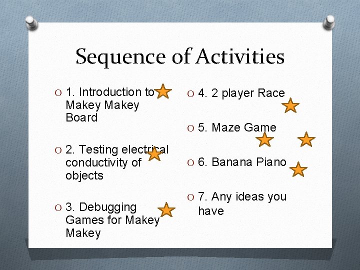 Sequence of Activities O 1. Introduction to Makey Board O 2. Testing electrical conductivity