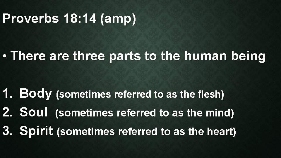 Proverbs 18: 14 (amp) • There are three parts to the human being 1.