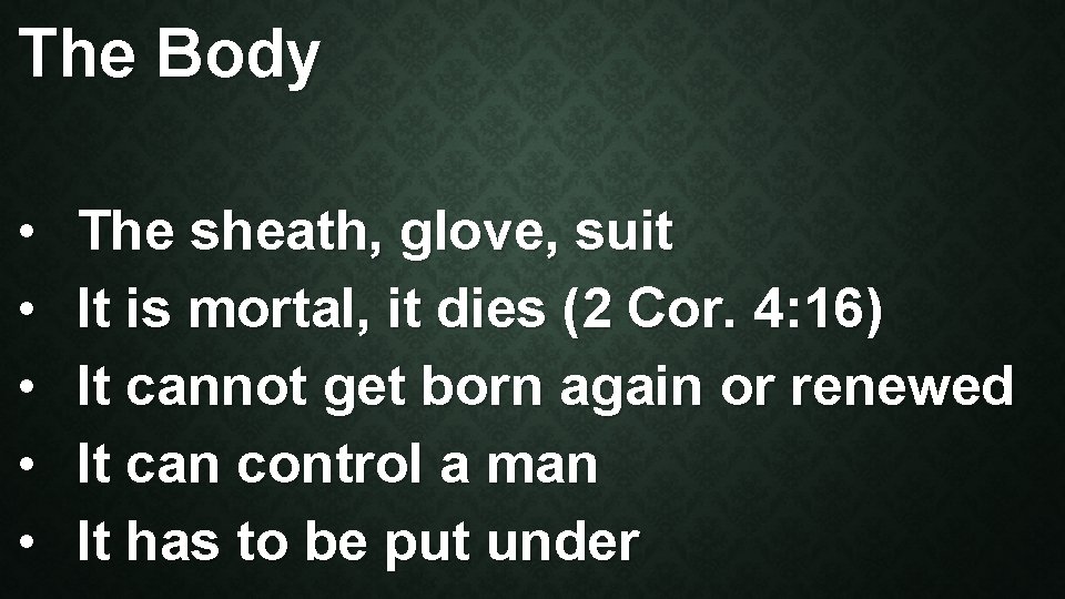 The Body • • • The sheath, glove, suit It is mortal, it dies