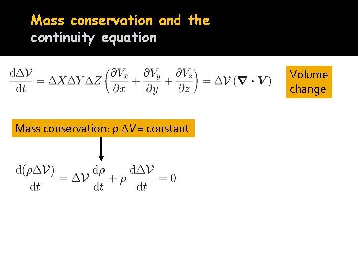 Mass conservation and the continuity equation Volume change Mass conservation: V = constant 