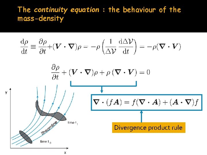 The continuity equation : the behaviour of the mass-density Divergence product rule 