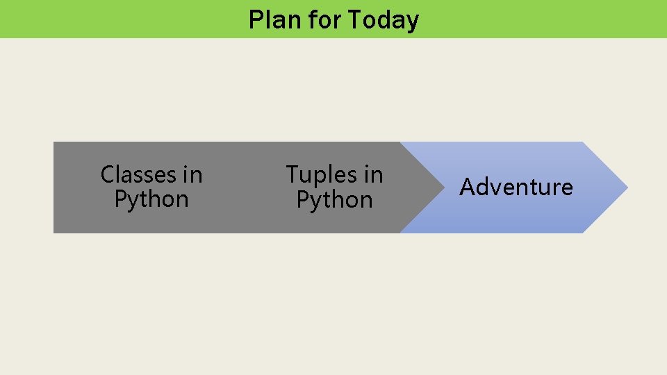 Plan for Today Classes in Python Tuples in Python Adventure 