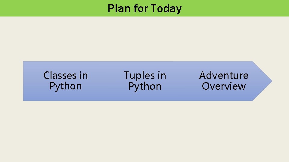 Plan for Today Classes in Python Tuples in Python Adventure Overview 