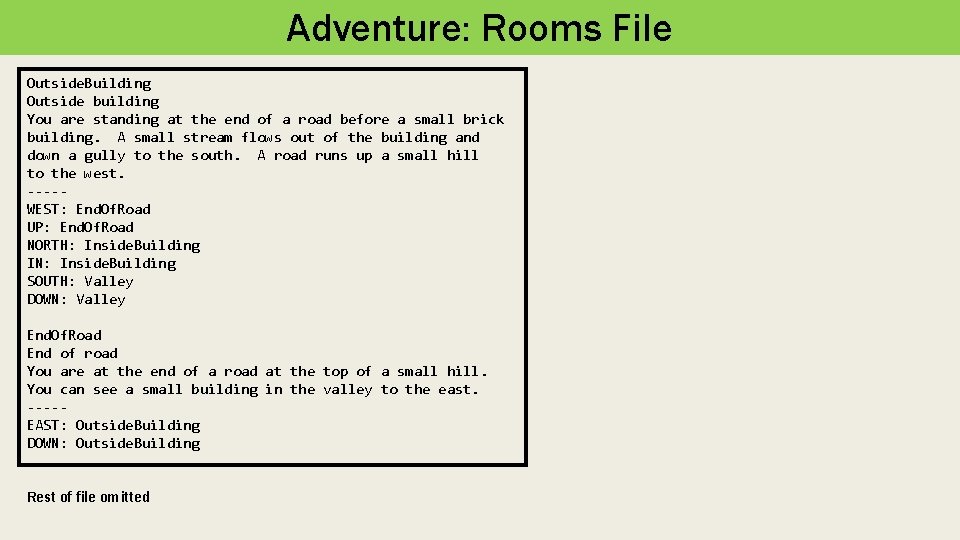 Adventure: Rooms File Outside. Building Outside building You are standing at the end of