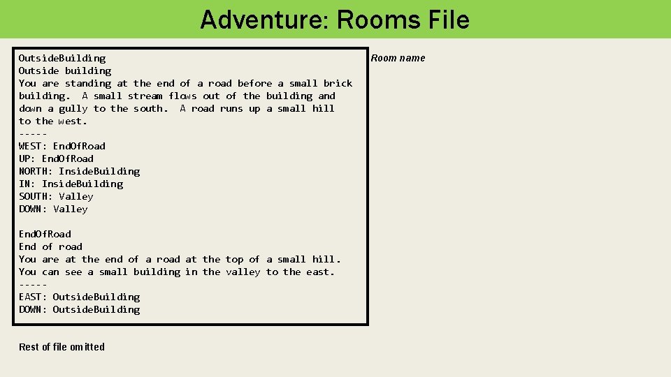 Adventure: Rooms File Outside. Building Outside building You are standing at the end of