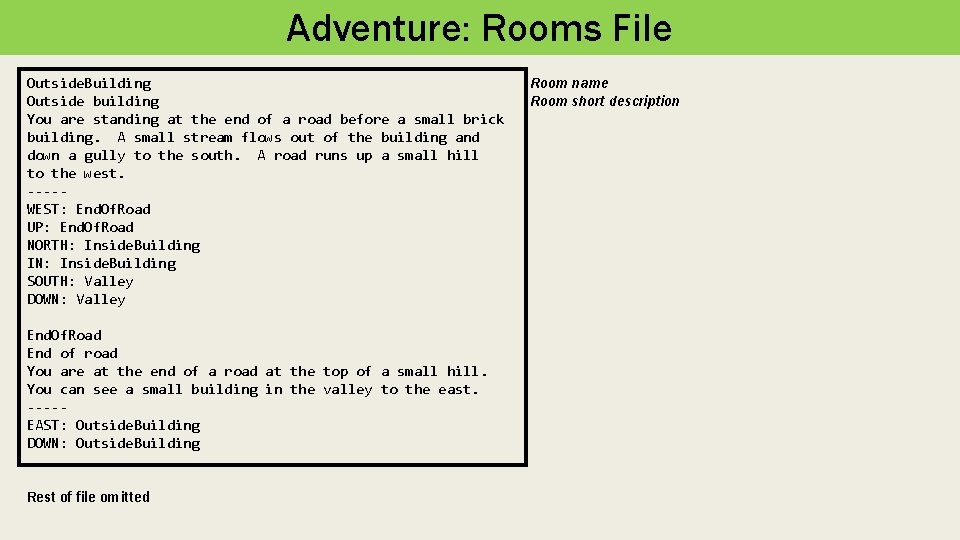 Adventure: Rooms File Outside. Building Outside building You are standing at the end of